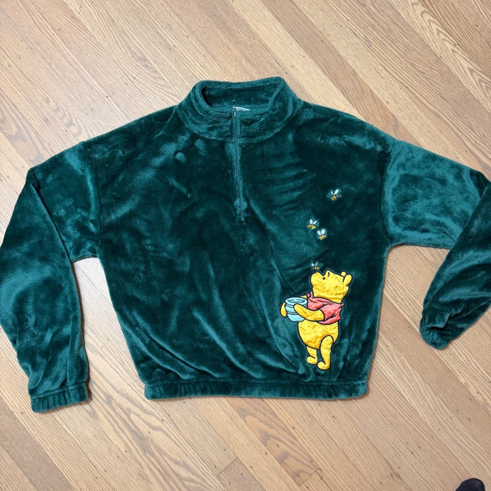 Disney Winnie the Pooh Green Fleece Quarter Zip Pullover Faux Fur Sweatshirt MD